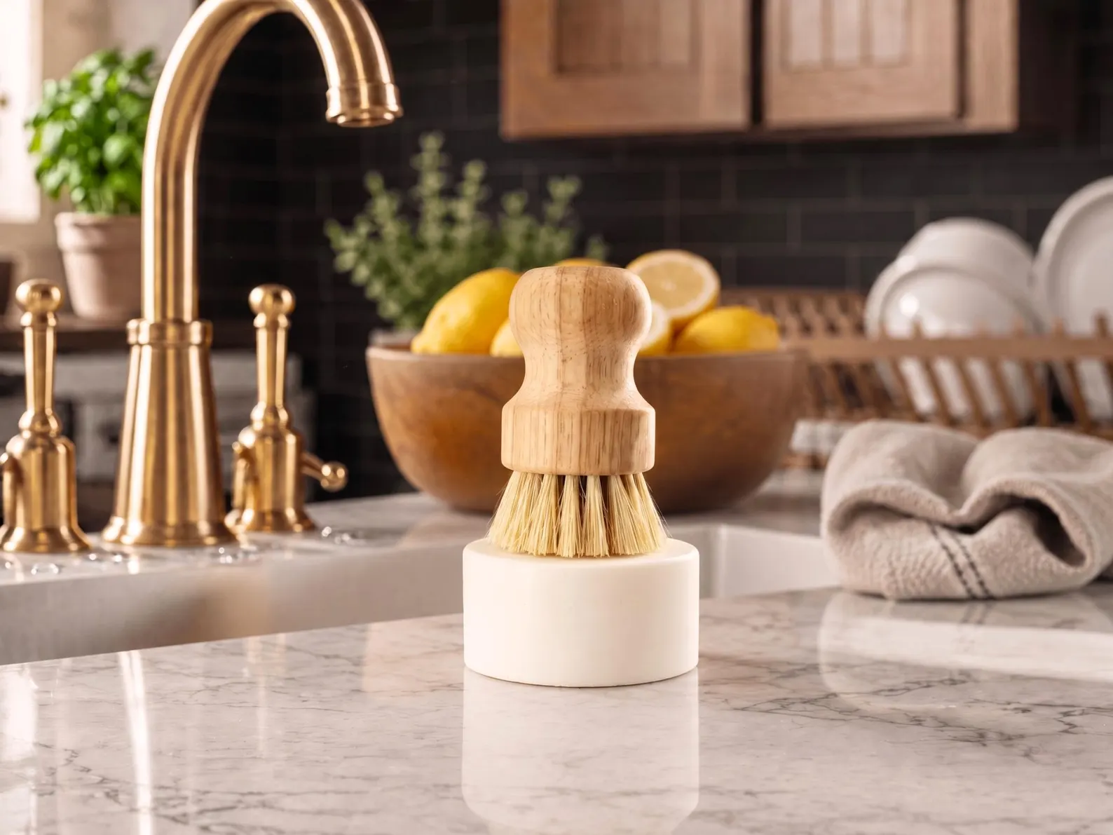 A solid dish soap puck and wooden dish brush on a marble counter by a brass kitchen faucet