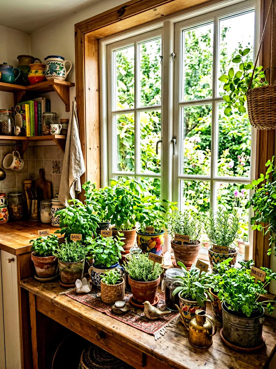 Sunlit kitchen window lined with potted basil, mint, rosemary, and other fresh herbs